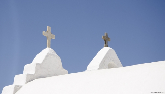 Crosses on a church in Mykonos, Greece