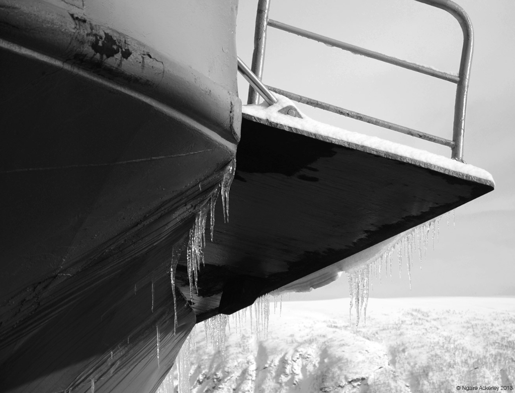 Ice on ship, Tromso, Norway.