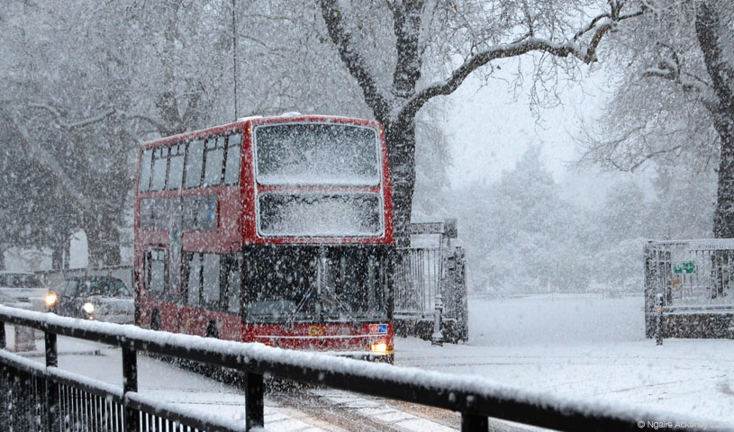 Bus in the snow, London, England.