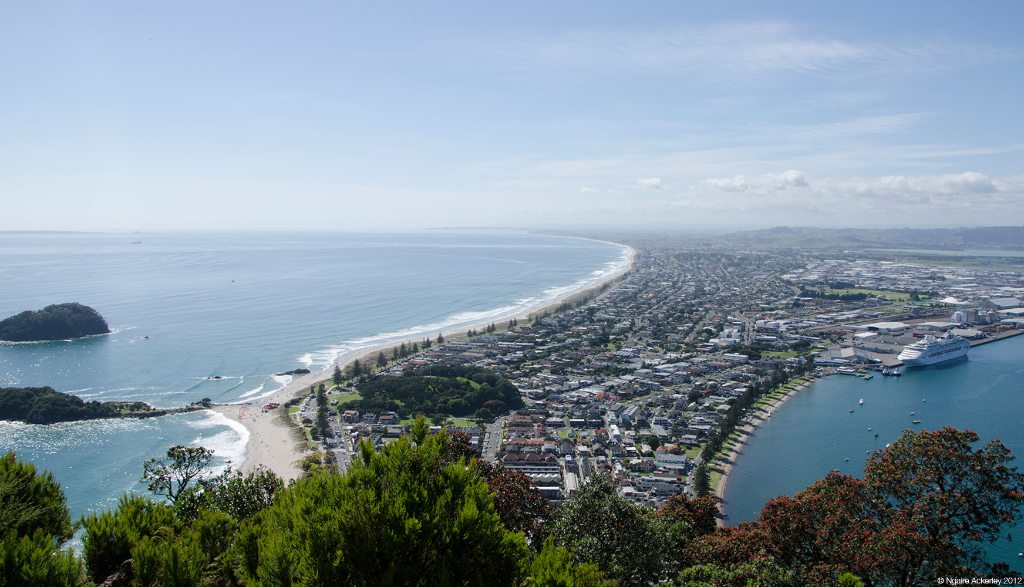 View over Mt. Maunganui township, New Zealand.